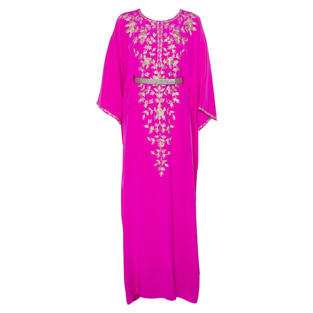 Oscar de la Renta Fuschia Pink Silk Embroidered Detail Belted Maxi Dress M