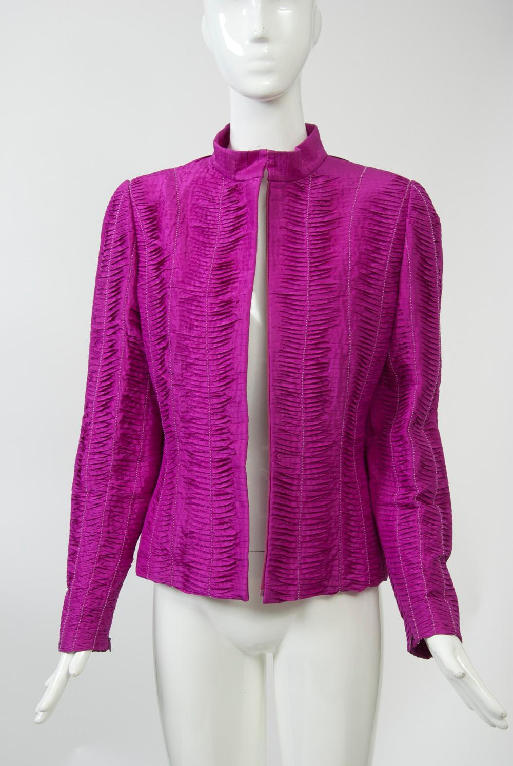 Oscar de la Renta Fuschsia Silk Jacket with Tucking For Sale 6