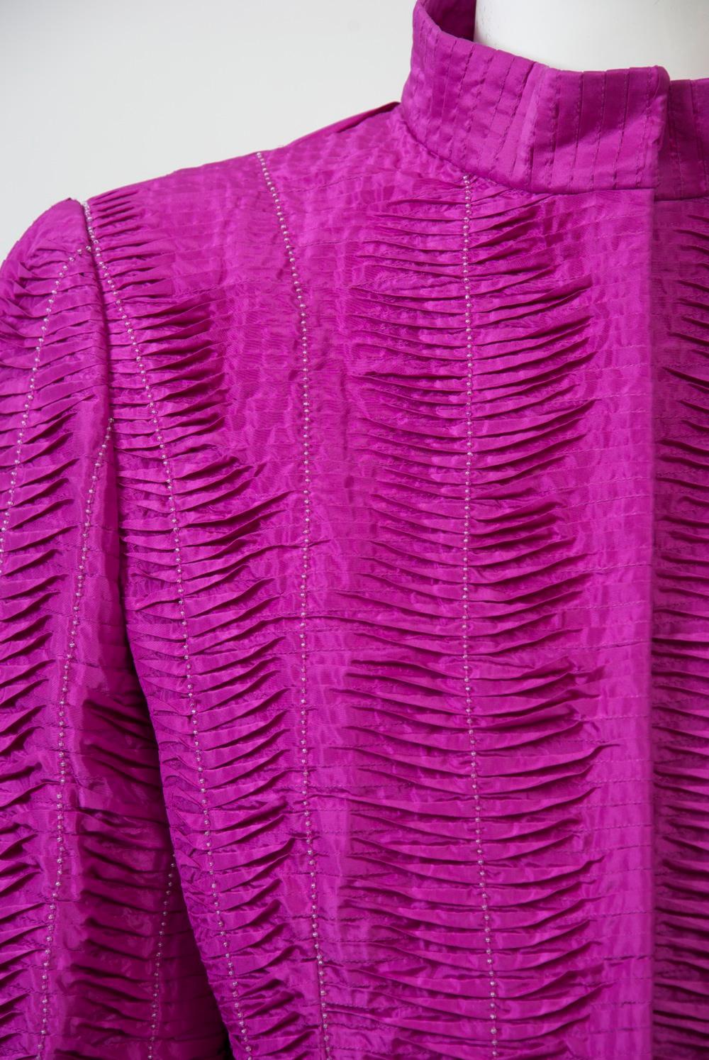 Purple Oscar de la Renta Fuschsia Silk Jacket with Tucking For Sale