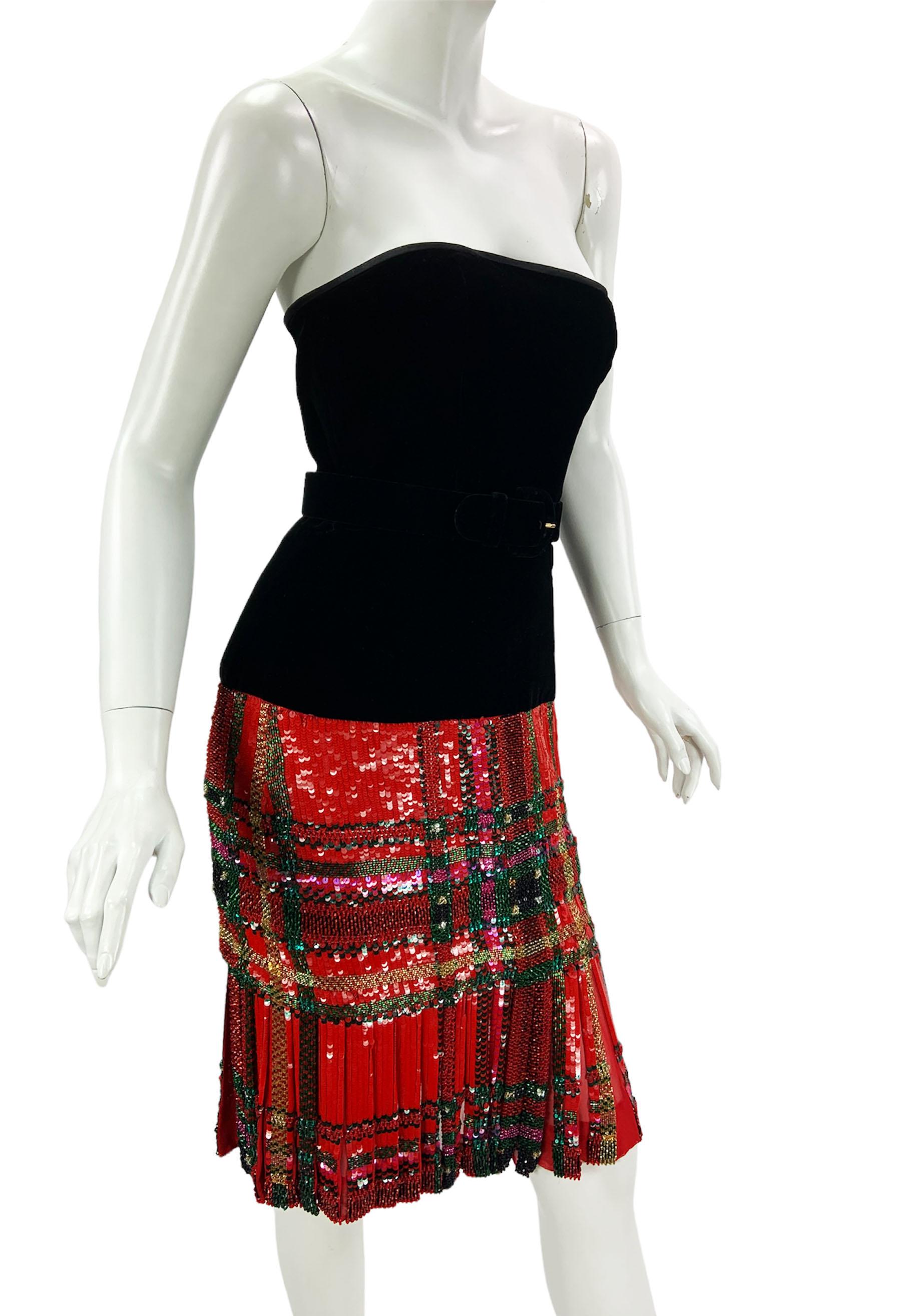 Oscar de la Renta Tartan Plaid Embellished Belted Velvet Dress
F/W 1991 Runway Collection
US size 4
Black Velvet Top Contrasting with the Red Silk Pleated Fully Embellished with Colorful Beads and Sequins Skirt.
Dress Finished with Corset, Fully