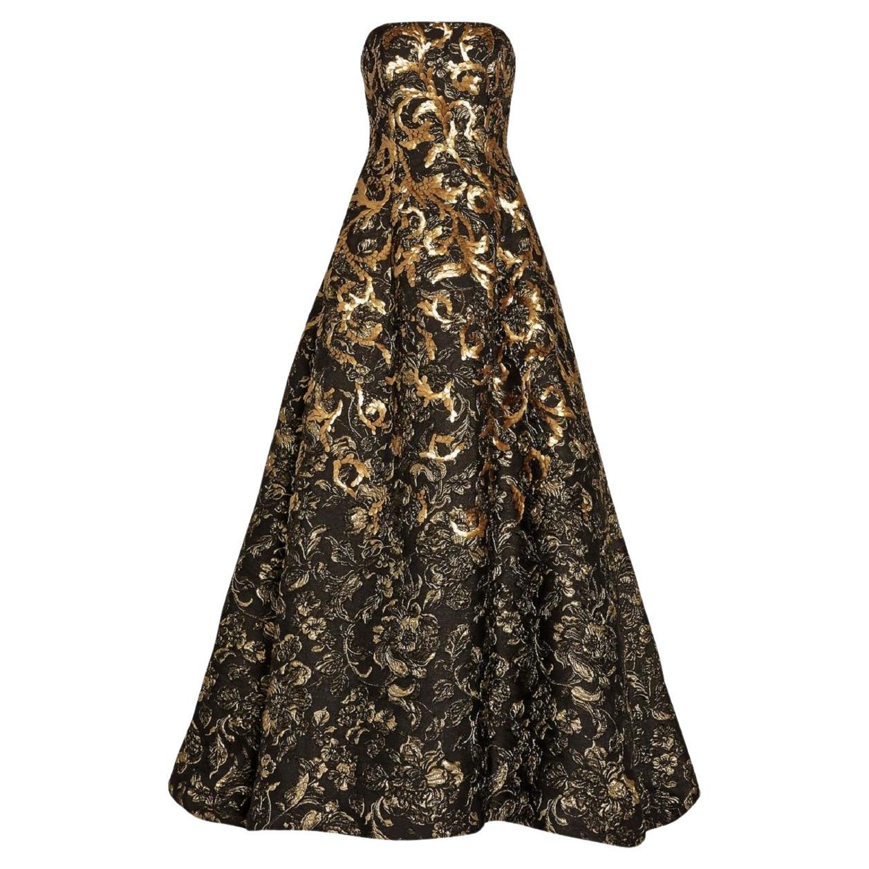 Oscar de la Renta FW 2014 Runway Museum Red Carpet Black Gold Gown Dress L / XL For Sale