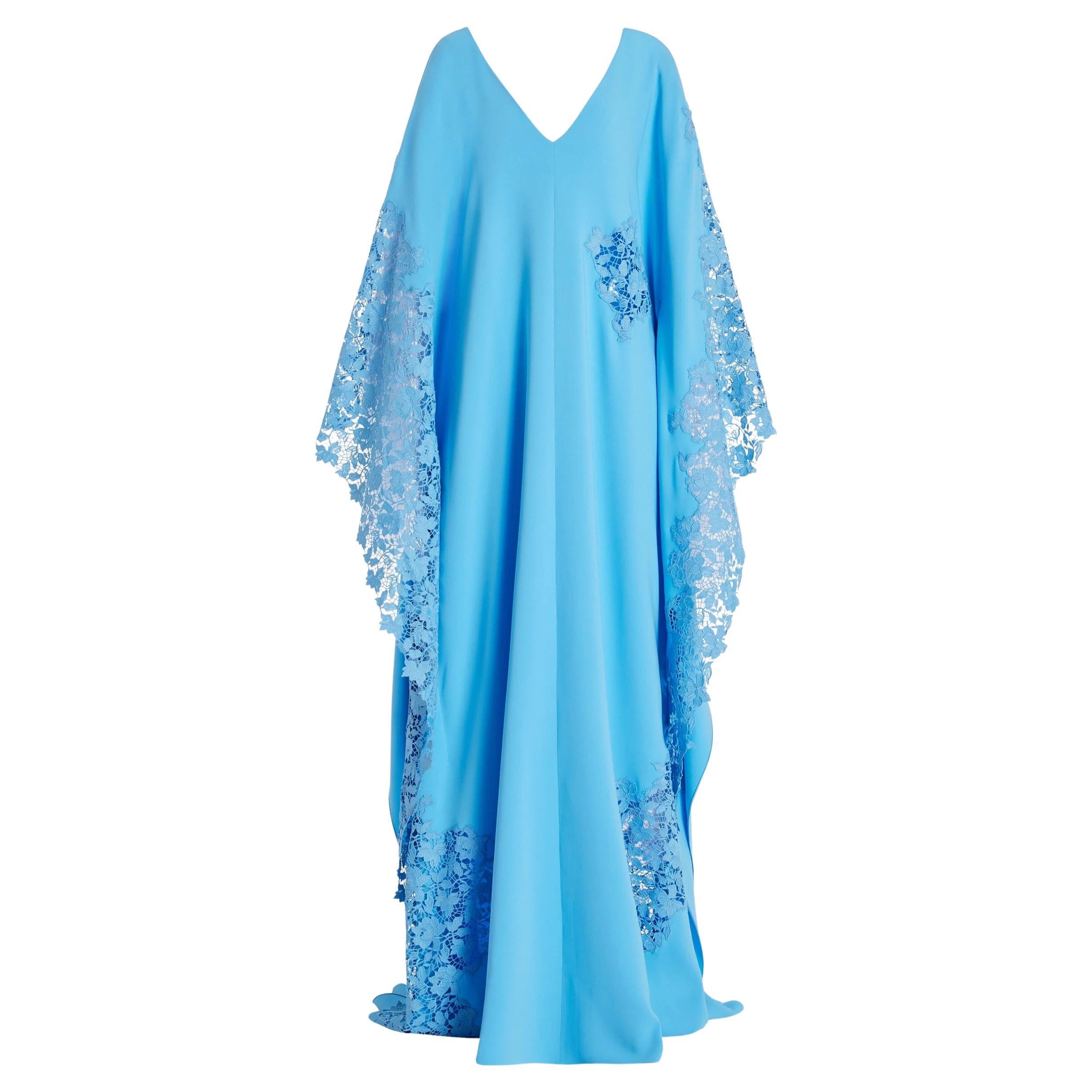 Oscar de la Renta Gardenia-Lace Silk-Georgette Caftan Gown Size M For Sale