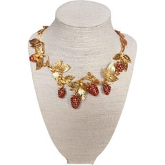 Oscar de la Renta Gilded Strawberry Vine Statement Necklace w Red Crystal Pavé