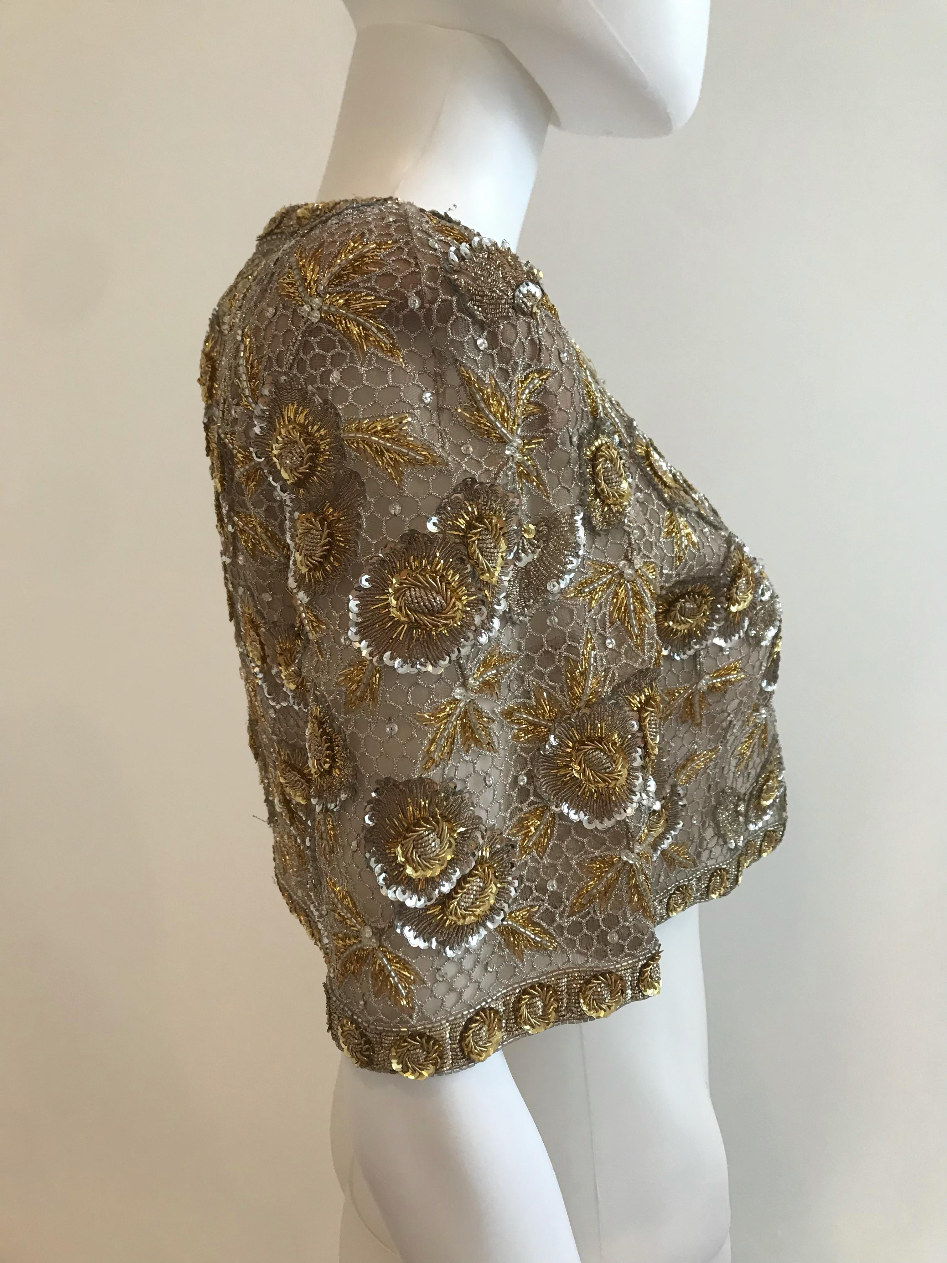 Oscar De La Renta Gold and Silver Beaded and Embroidered Bolero In Good Condition For Sale In Brooklyn, NY