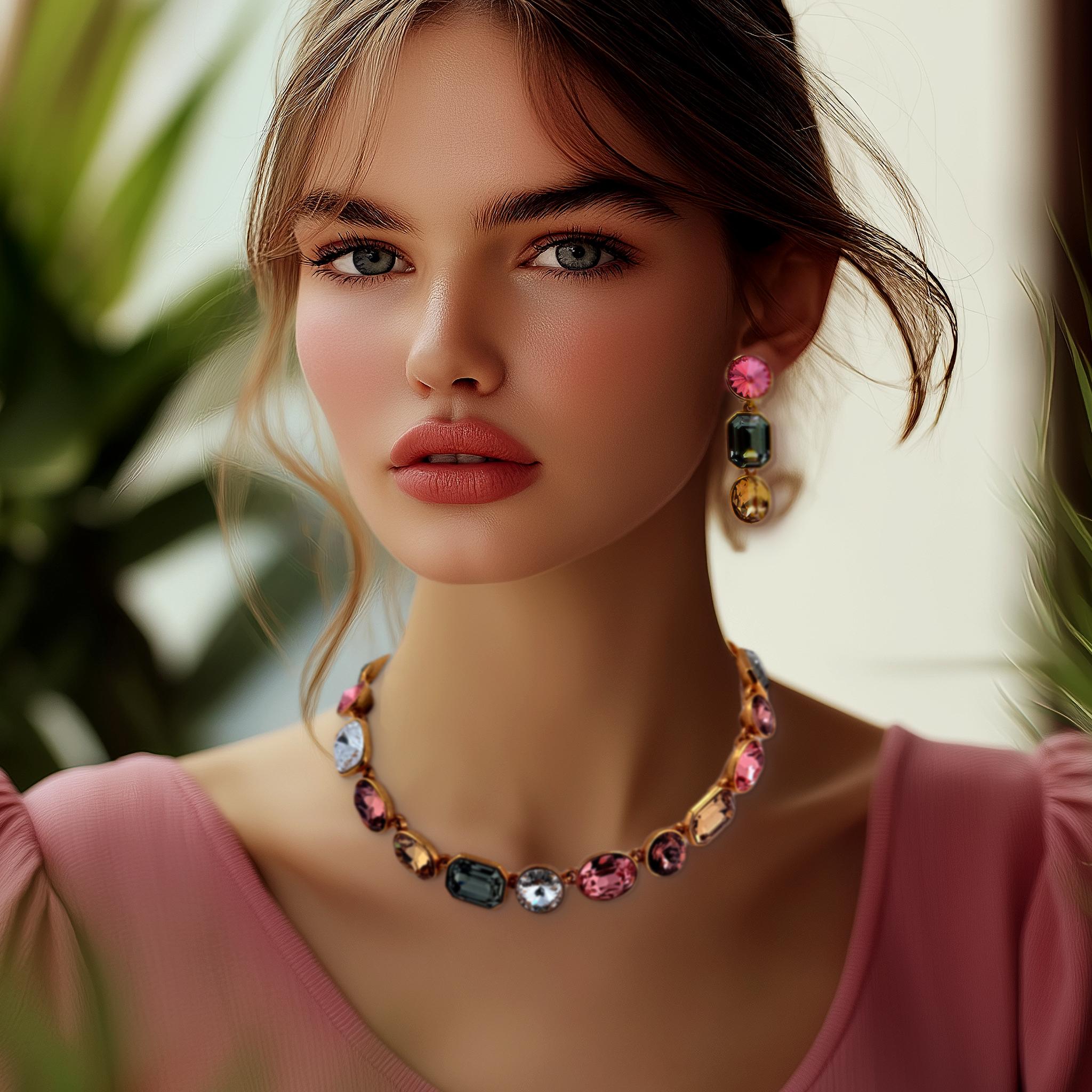 Oscar De La Renta Gold Österreichisches Kristall Multi-Color Sherbet Statement-Halskette im Angebot 2