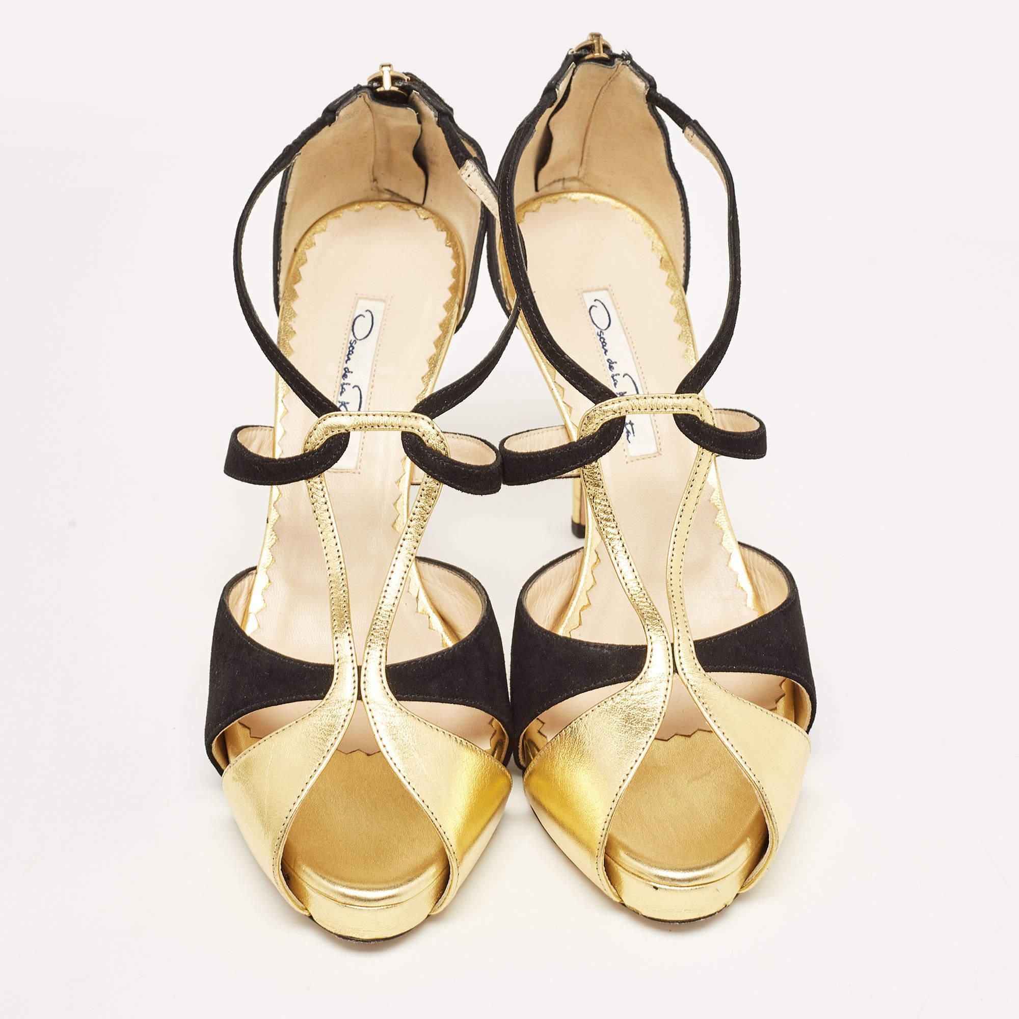 Beige Oscar De La Renta - Sandales à lanières en cuir et daim or/noir - Taille 36,5 en vente