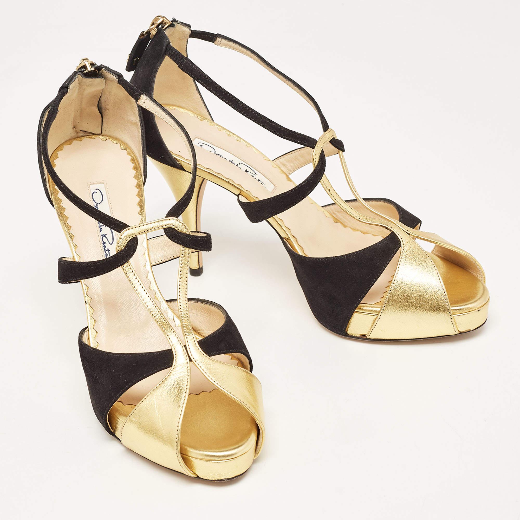 Oscar De La Renta - Sandales à lanières en cuir et daim or/noir - Taille 36,5 Bon état - En vente à Dubai, Al Qouz 2