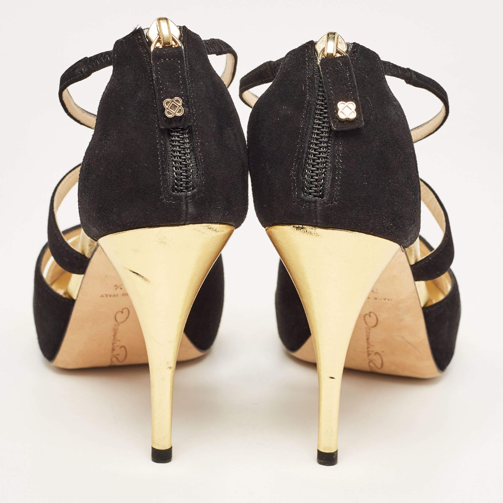 Oscar De La Renta - Sandales à lanières en cuir et daim or/noir - Taille 36,5 Pour femmes en vente