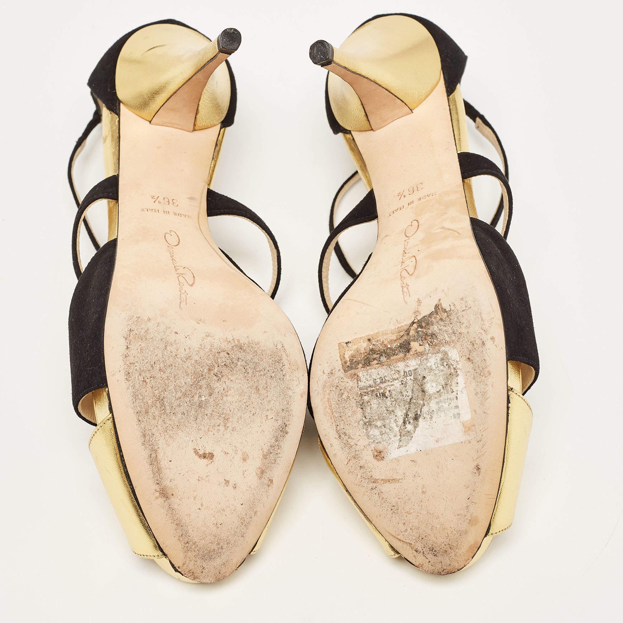 Oscar De La Renta - Sandales à lanières en cuir et daim or/noir - Taille 36,5 en vente 1