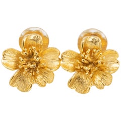 Oscar de la Renta Gold Bold Button Flower Clip On Earrings, Contemporary