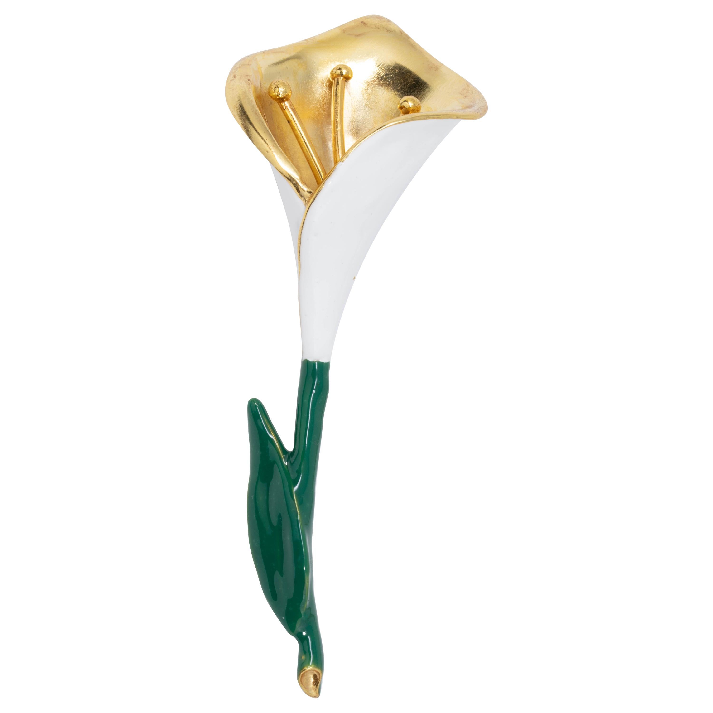 Oscar de la Renta Gold Calla Lily in Green and White Enamel, Pin Brooch For Sale