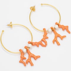 Oscar de la Renta Gold Coral and Pearl Dangle Hoop Earrings, Contemporary