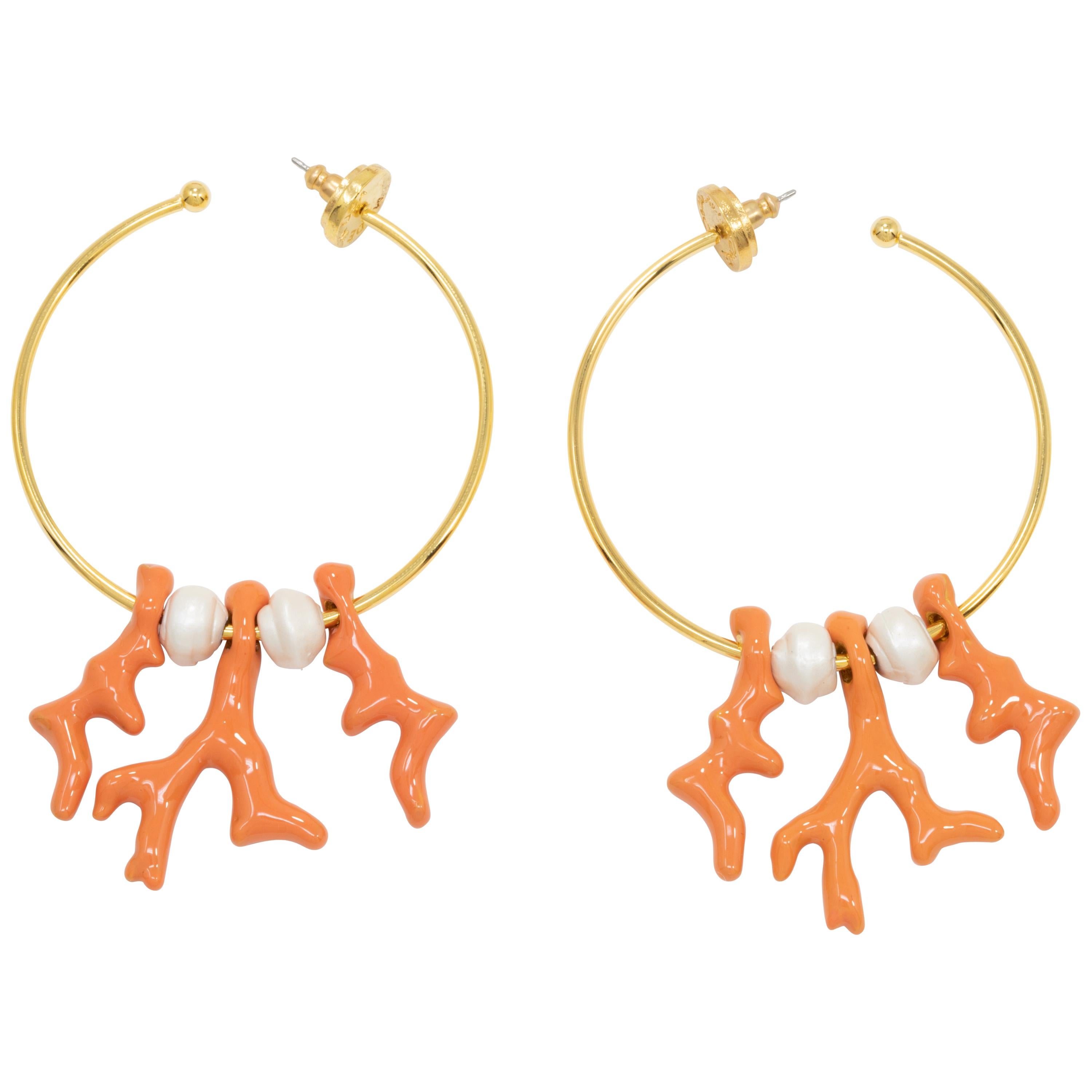 Oscar de la Renta Gold Coral and Pearl Dangle Hoop Earrings, Contemporary For Sale