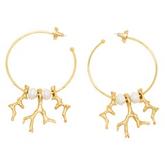 Oscar de la Renta Gold Coral and Pearl Dangle Hoop Earrings, Contemporary
