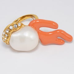 Oscar de la Renta Bague cocktail en or avec branche en corail, fausses perles et cristaux
