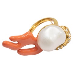 Oscar de la Renta Gold Coral Branch and Faux Pearl Cocktail Ring with Crystals