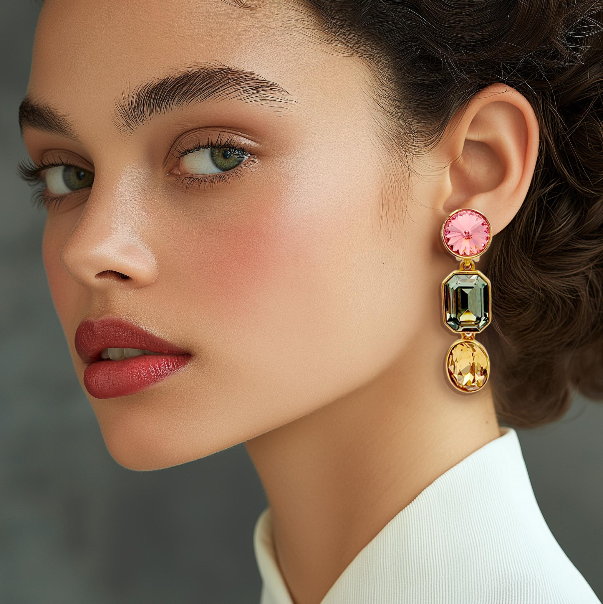 Taglio cuscino Oscar De La Renta Orecchini a Clip con Cristallo d'Oro Padparadscha Verde in vendita