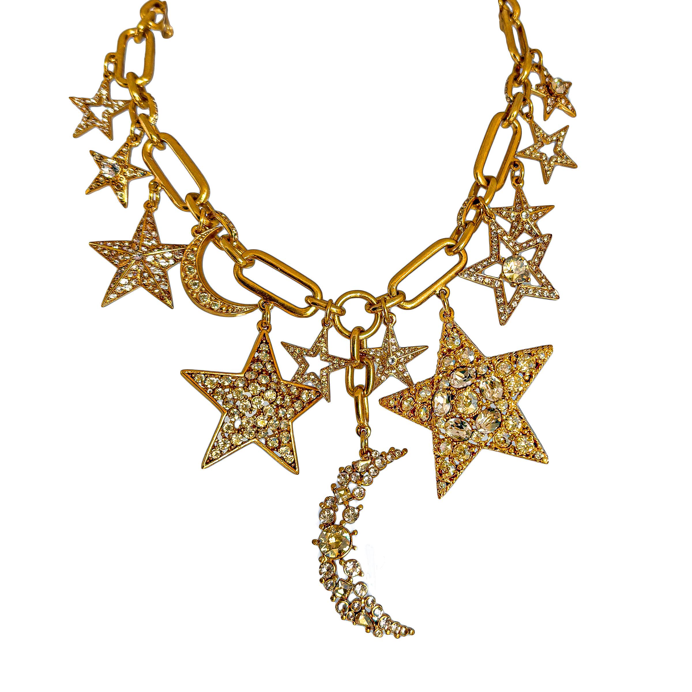 Oscar De La Renta, collana con cristallo d'oro, stella, luna e charme celeste. Gioielli di lusso firmati. 16