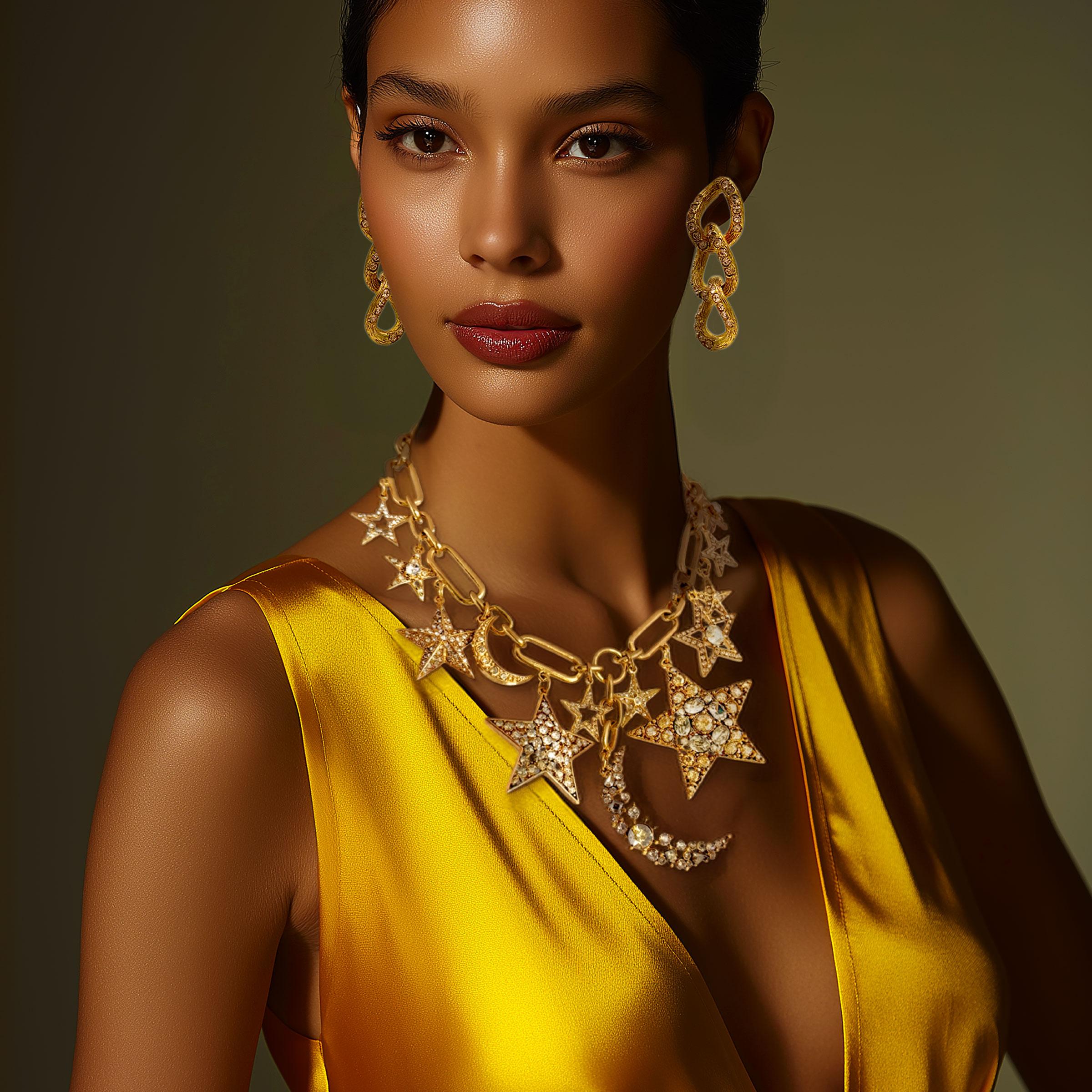 Contemporaneo Oscar De La Renta - Collana con cristalli d'oro, stella e luna, charme celestiale in vendita