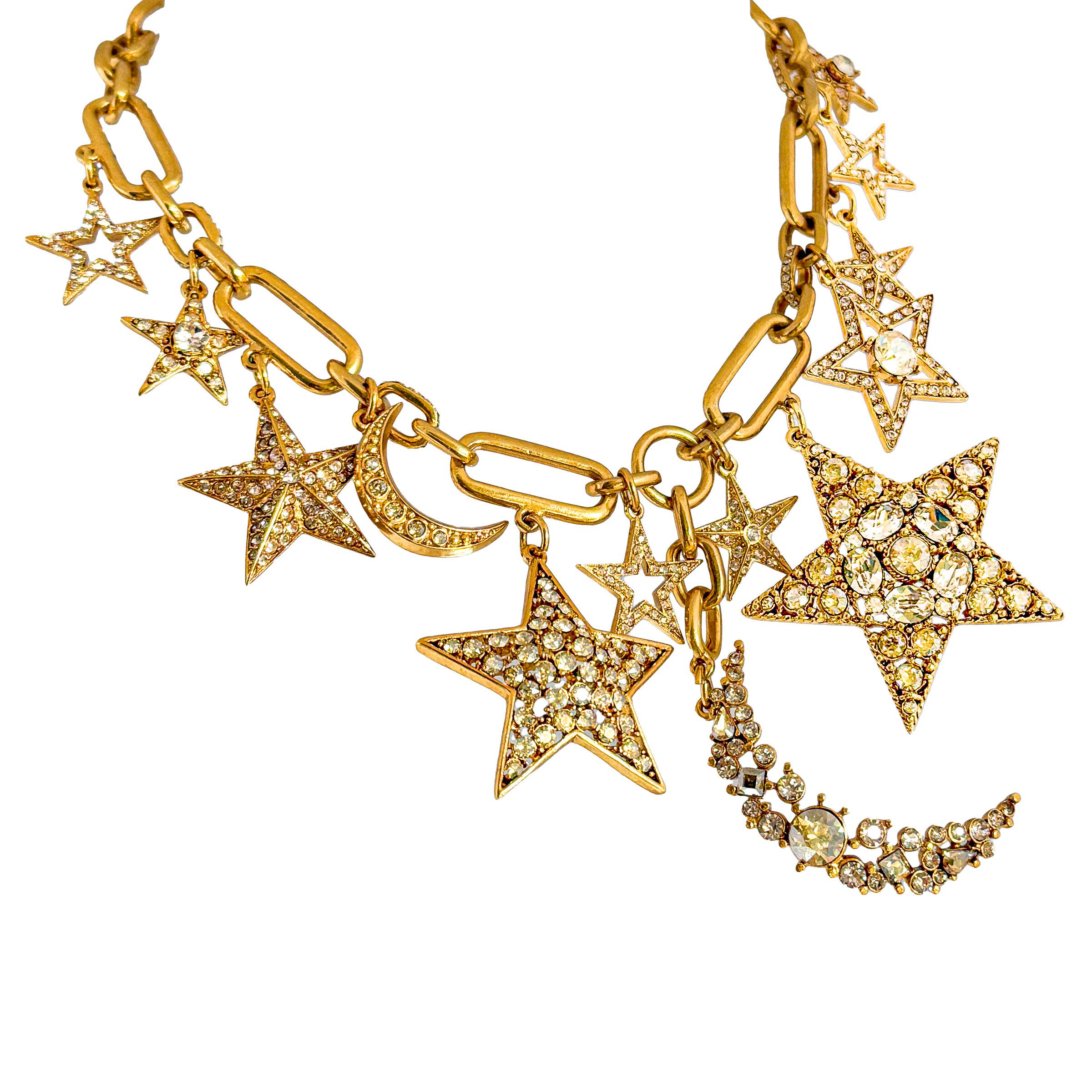 Donna Oscar De La Renta - Collana con cristalli d'oro, stella e luna, charme celestiale in vendita
