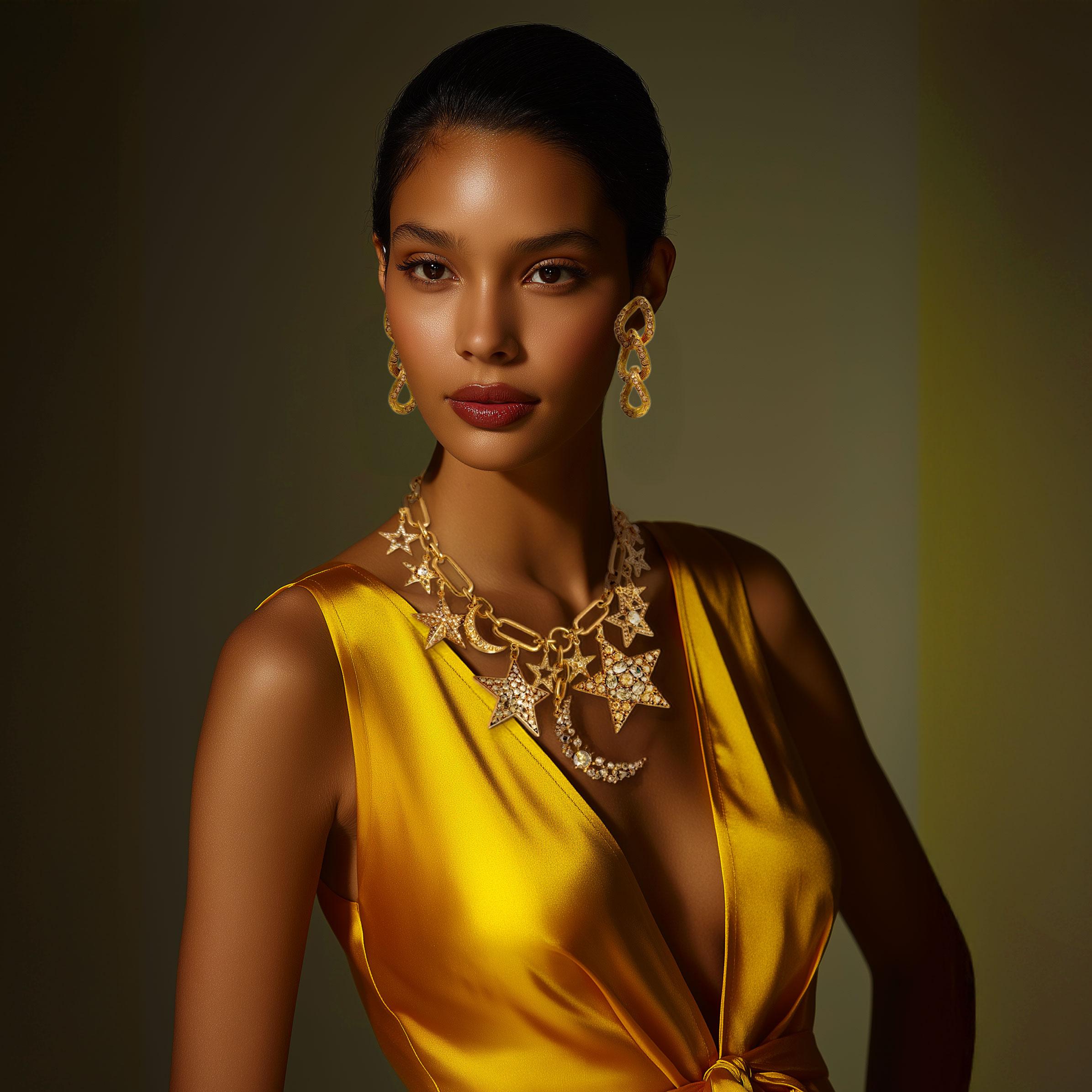 Oscar De La Renta - Collana con cristalli d'oro, stella e luna, charme celestiale in vendita 1