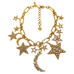 Oscar De La Renta Gold Crystal Star Moon Celestial Charm Statement Necklace