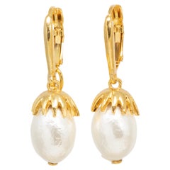 Oscar de la Renta Gold Dangle Faux Pearl Earrings, Hinged French Hook