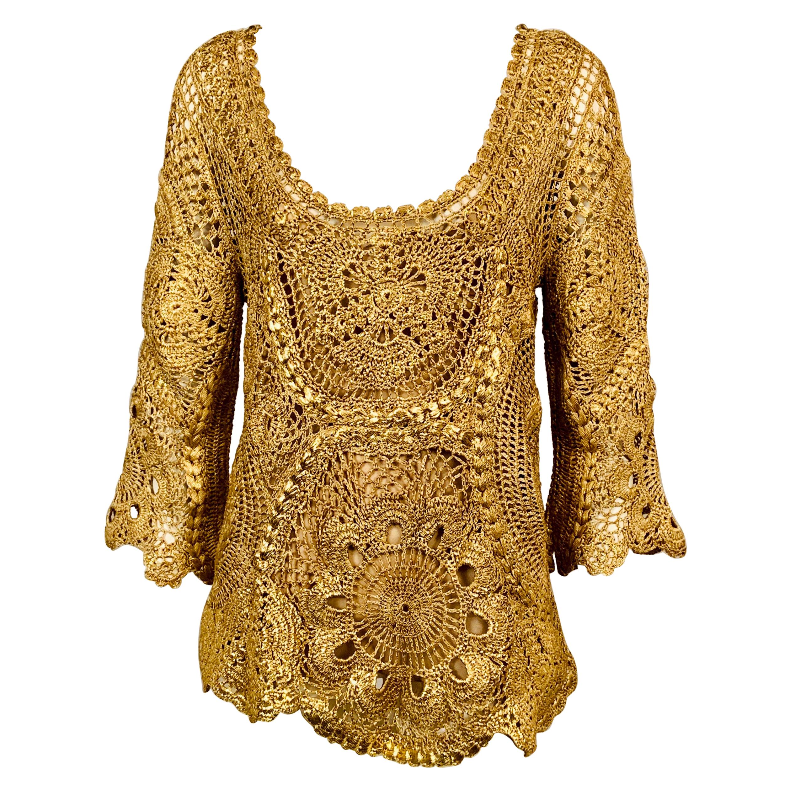 Oscar de la Renta Gold Hand Crocheted Silk Tunic and Camisole Original Tags 