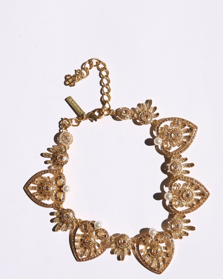 Oscar de la Renta gold heart pink crystal pearl chain choker necklace  For Sale 1