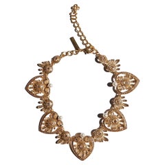 Oscar de la Renta gold heart pink crystal pearl chain choker necklace 