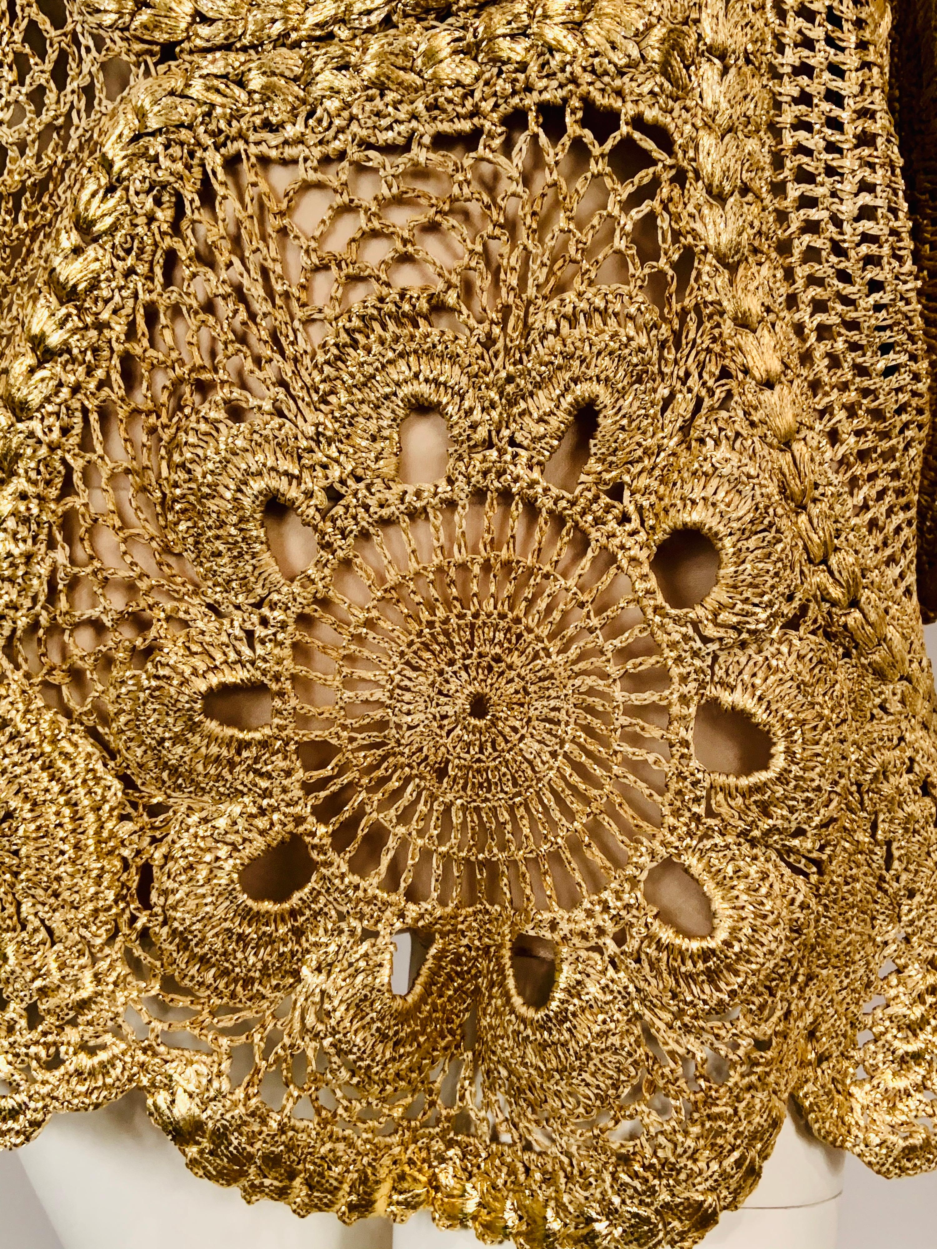 Women's Oscar de la Renta Gold Lacquered Hand Crocheted Silk Tunic with Original Tags  For Sale