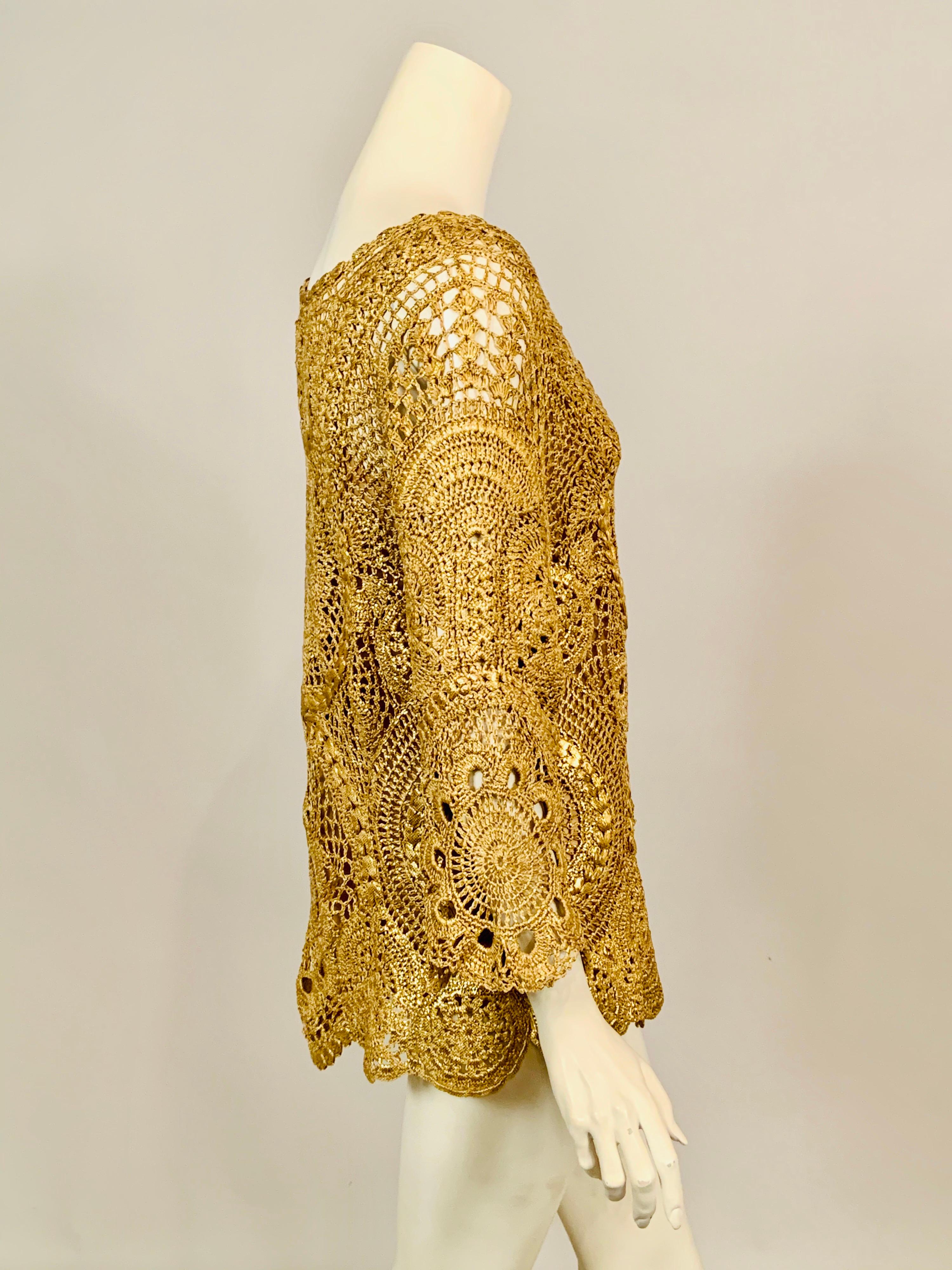 Oscar de la Renta Gold Lacquered Hand Crocheted Silk Tunic with Original Tags  For Sale 1