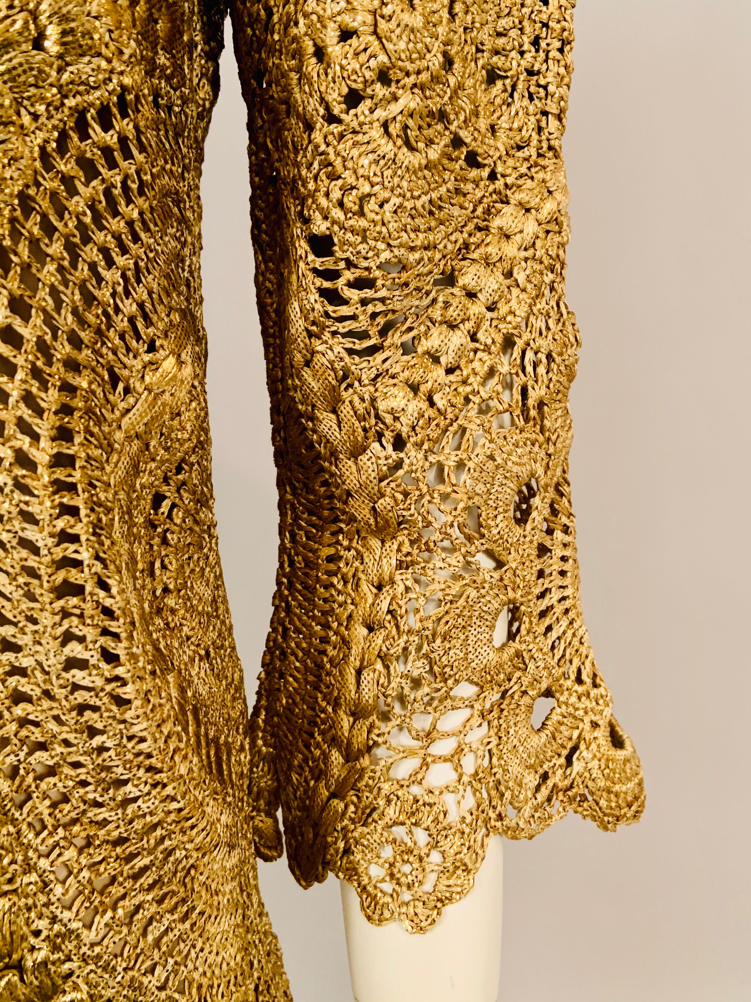 Oscar de la Renta Gold Lacquered Hand Crocheted Silk Tunic with Original Tags  For Sale 2