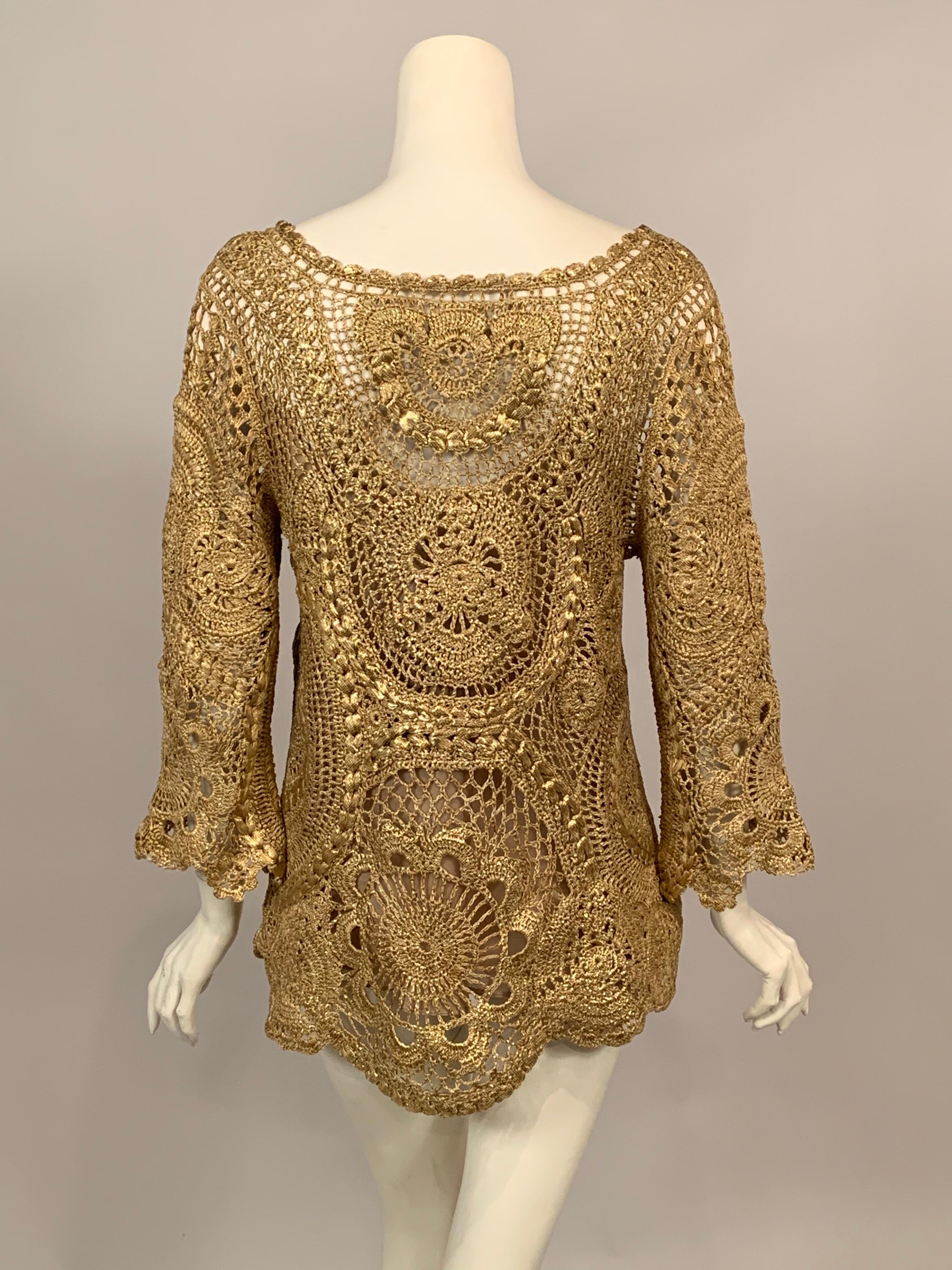 Oscar de la Renta Gold Lacquered Hand Crocheted Silk Tunic with Original Tags  For Sale 3