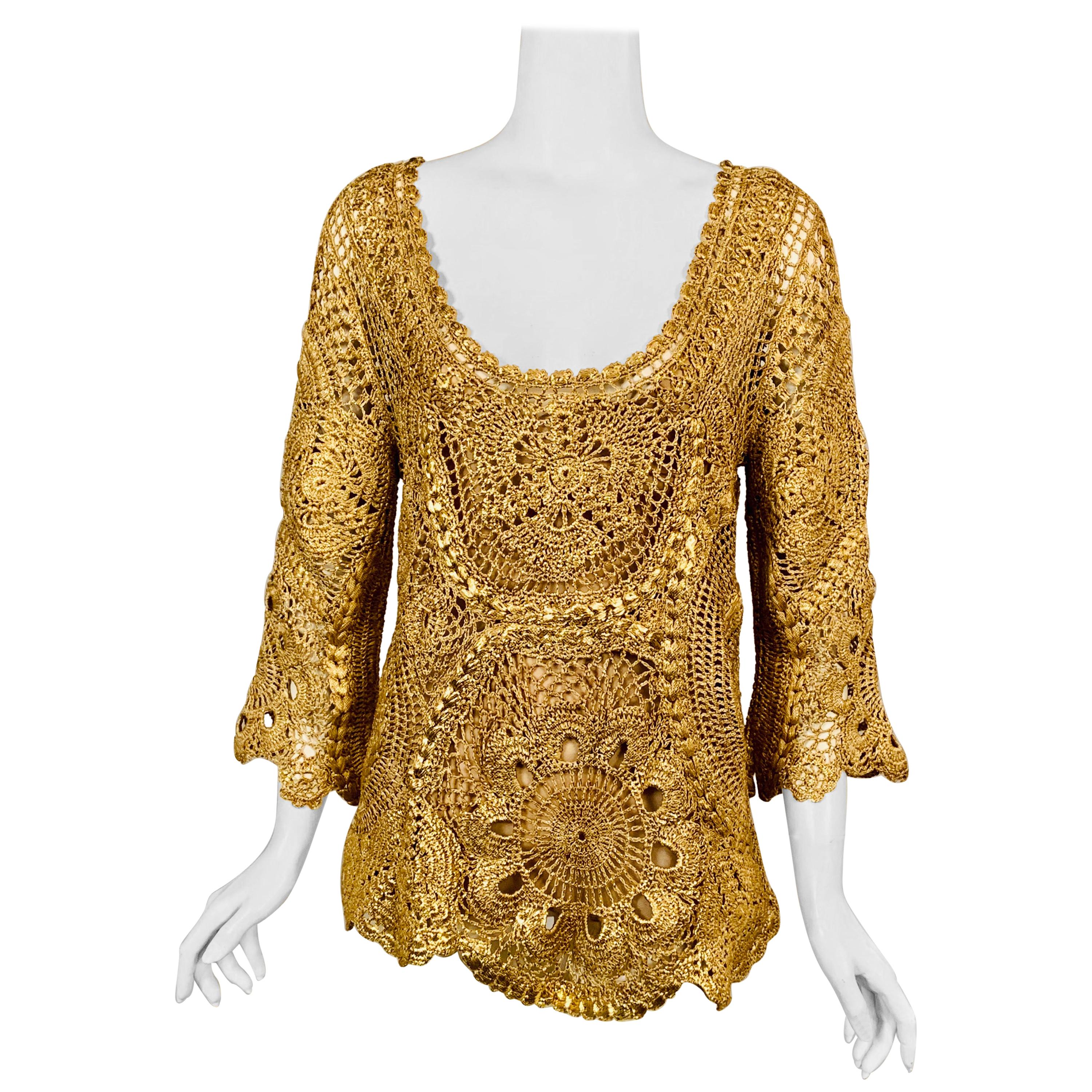 Oscar de la Renta Gold Lacquered Hand Crocheted Silk Tunic with Original Tags  For Sale