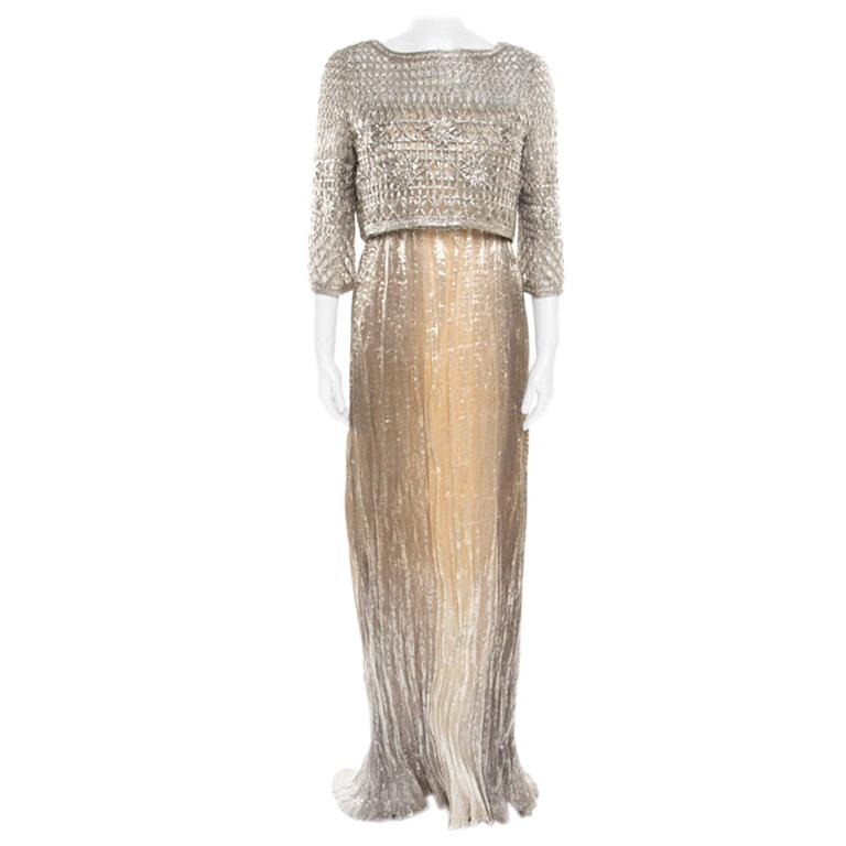 Oscar De La Renta Gold Lurex Pleated Strapless Dress and Textured Jacket Set L