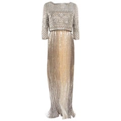 Oscar De La Renta Gold Lurex Pleated Strapless Dress and Textured Jacket Set L