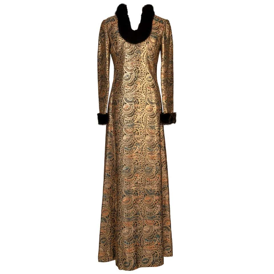 Oscar de la Renta Gold Metallic Brocade Sable Trim Evening Dress, c ...
