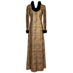 Oscar de la Renta Gold Metallic Brocade Sable Trim Evening Dress, c. Fall 1970