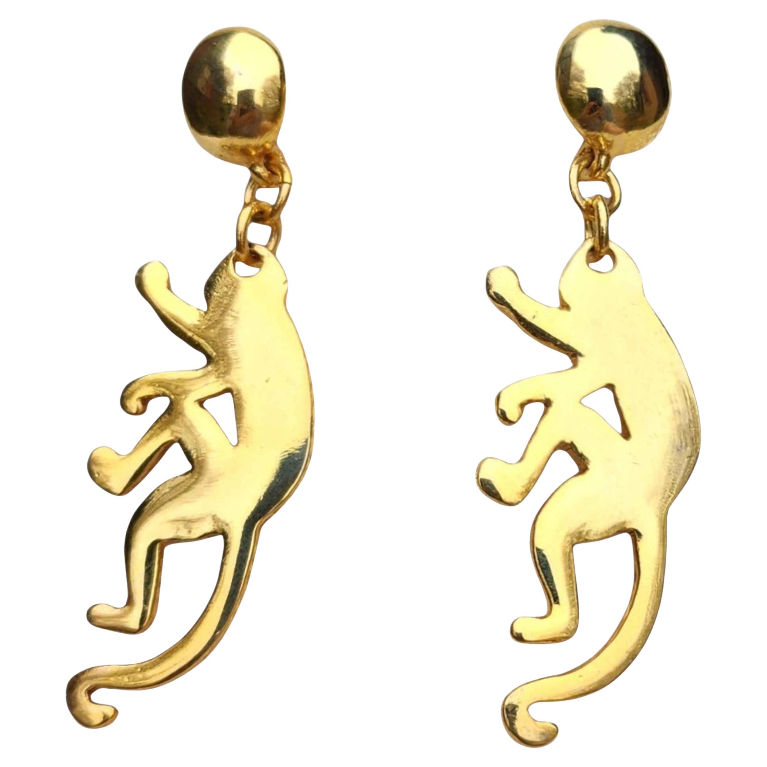 Oscar De La Renta - Orecchini pendenti in oro con silhouette di scimmia firmati, Made in USA