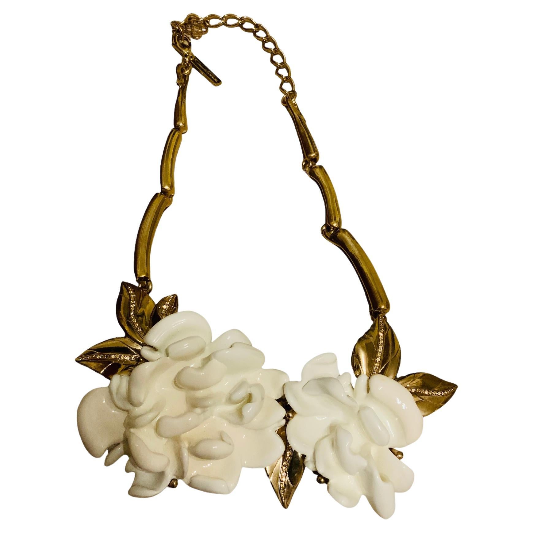 Oscar De La Renta Gold Plated Camellia Flowers Necklace For Sale