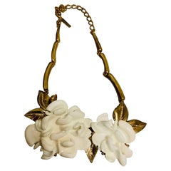 Vintage Oscar De La Renta Gold Plated Camellia Flowers Necklace