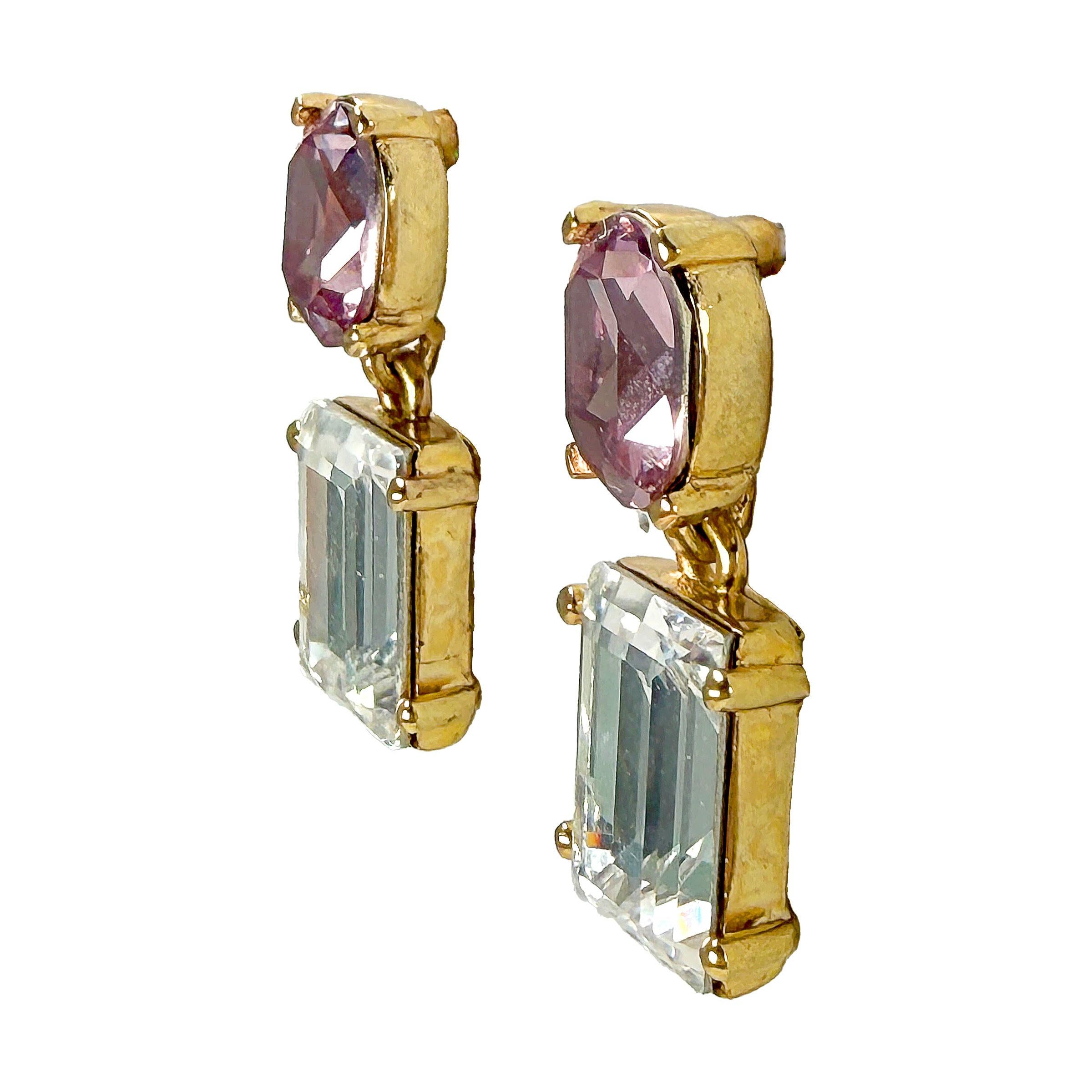 Oscar de la Renta Gold Plated Light Amethyst Crystal Rectangle Drop Post Earring im Angebot 3