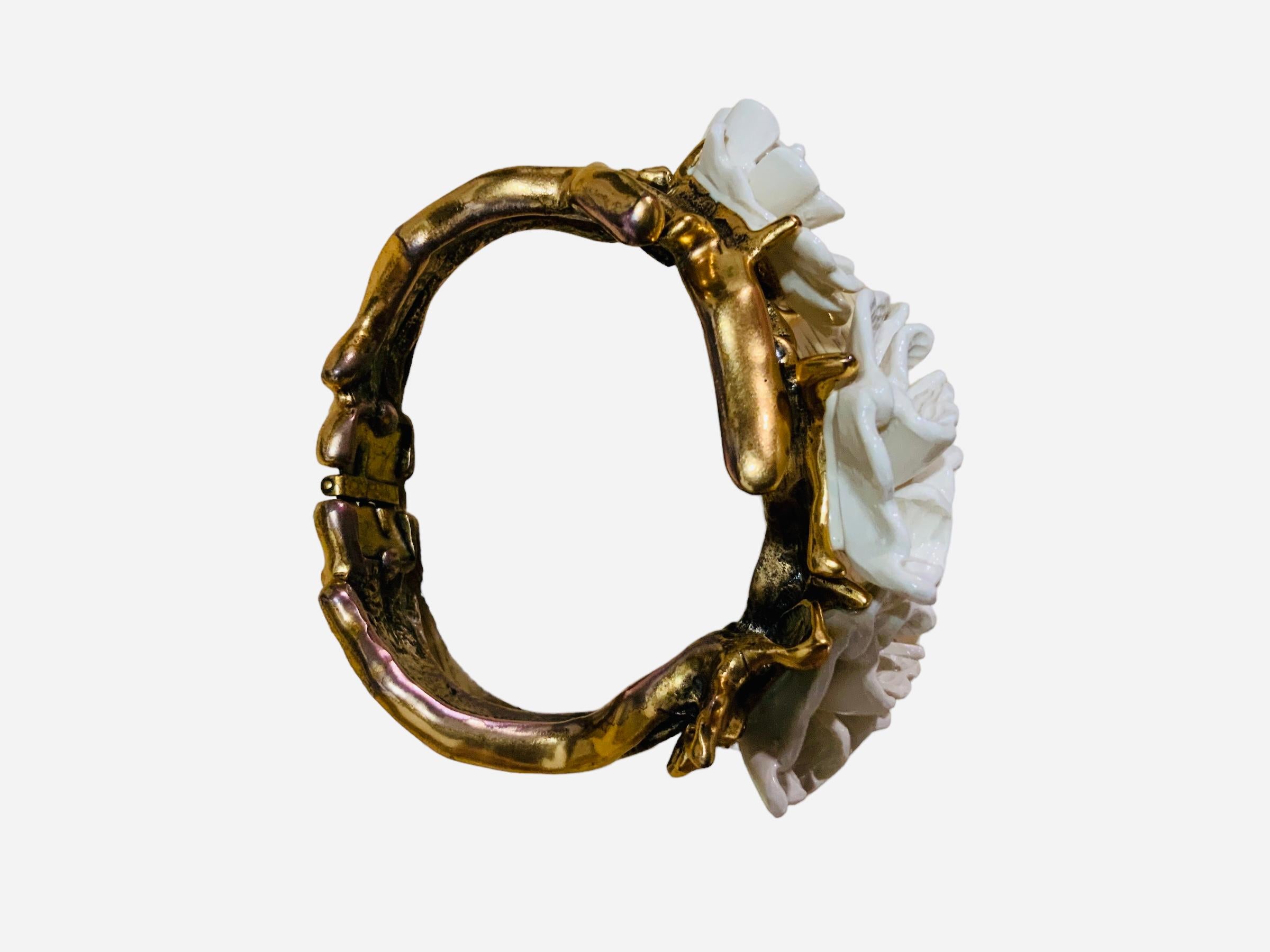 Oscar De La Renta Gold Plated Metal and White Resin Coral “Flowers” Bracelet For Sale 6