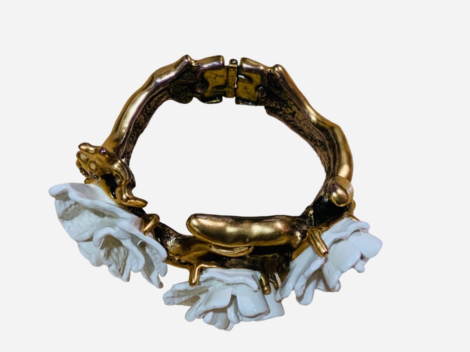 Oscar De La Renta Gold Plated Metal and White Resin Coral “Flowers” Bracelet For Sale 7