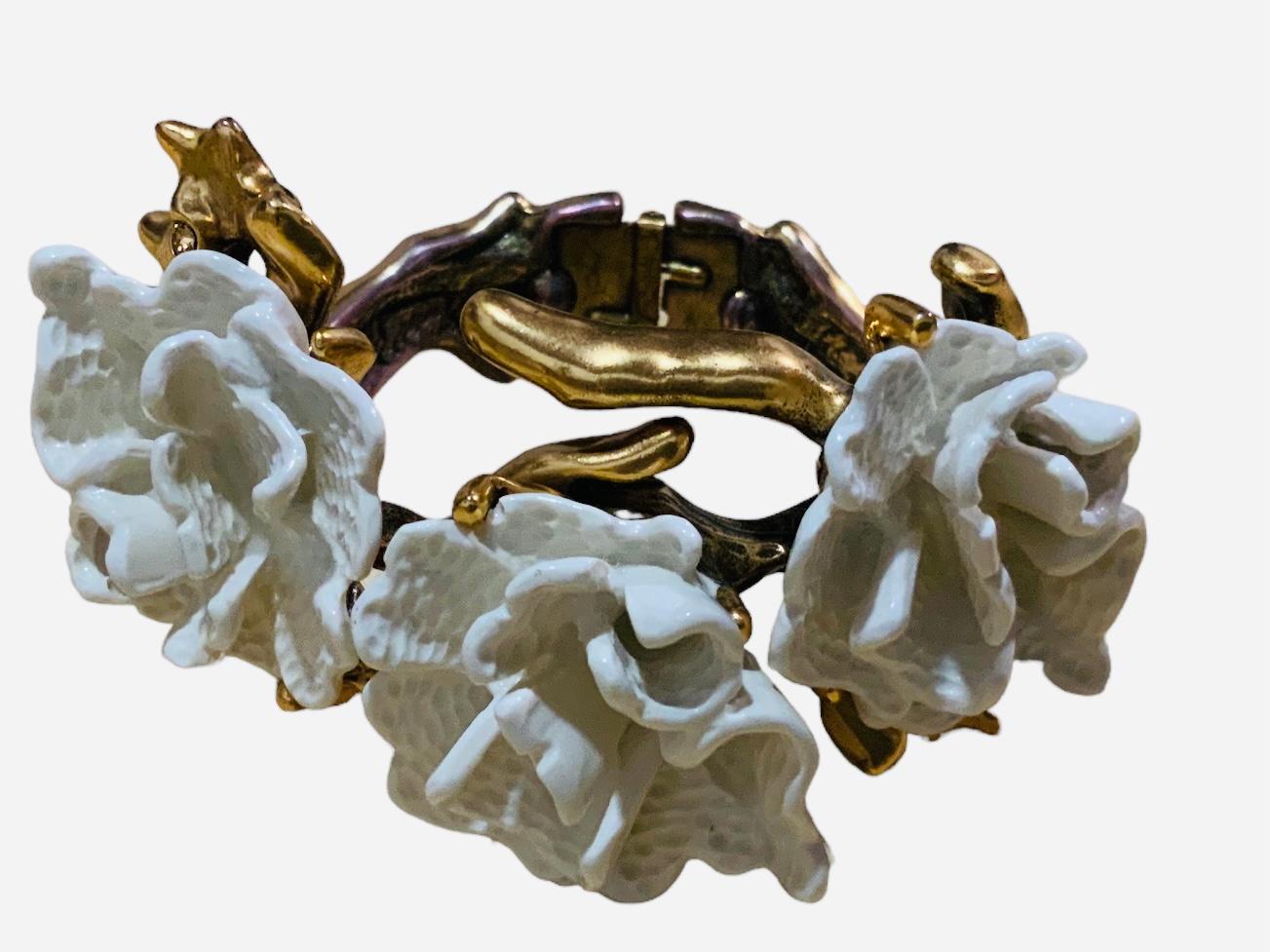 Oscar De La Renta Gold Plated Metal and White Resin Coral “Flowers” Bracelet For Sale 2