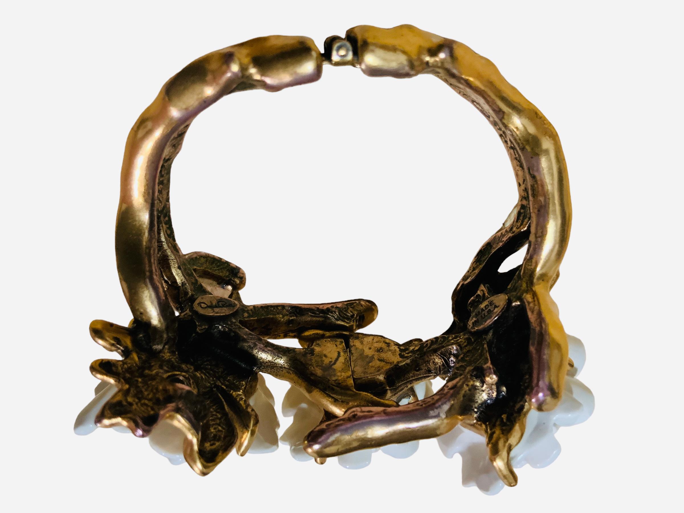 Oscar De La Renta Gold Plated Metal and White Resin Coral “Flowers” Bracelet For Sale 3