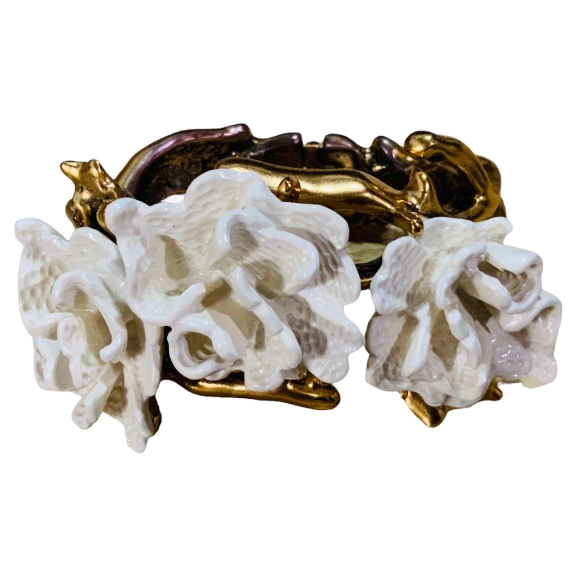 Oscar De La Renta Gold Plated Metal and White Resin Coral “Flowers” Bracelet