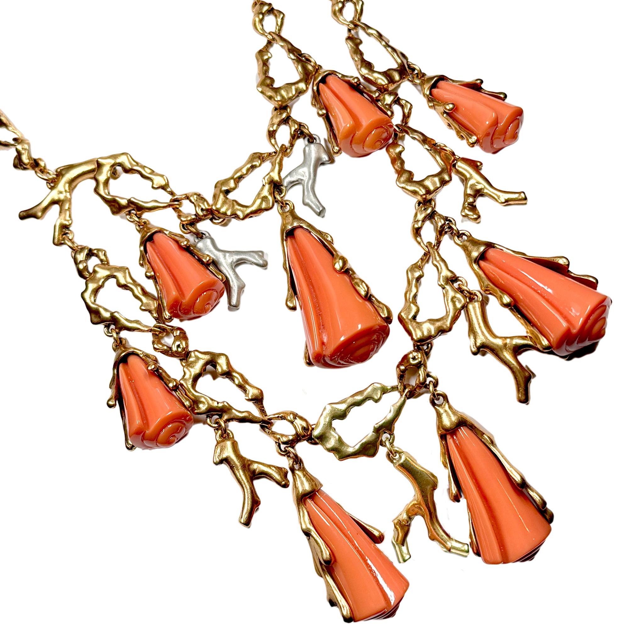 Contemporary Oscar de la Renta Gold-Plated Shell Bib Necklace with Coral Enamel Resin Charms For Sale