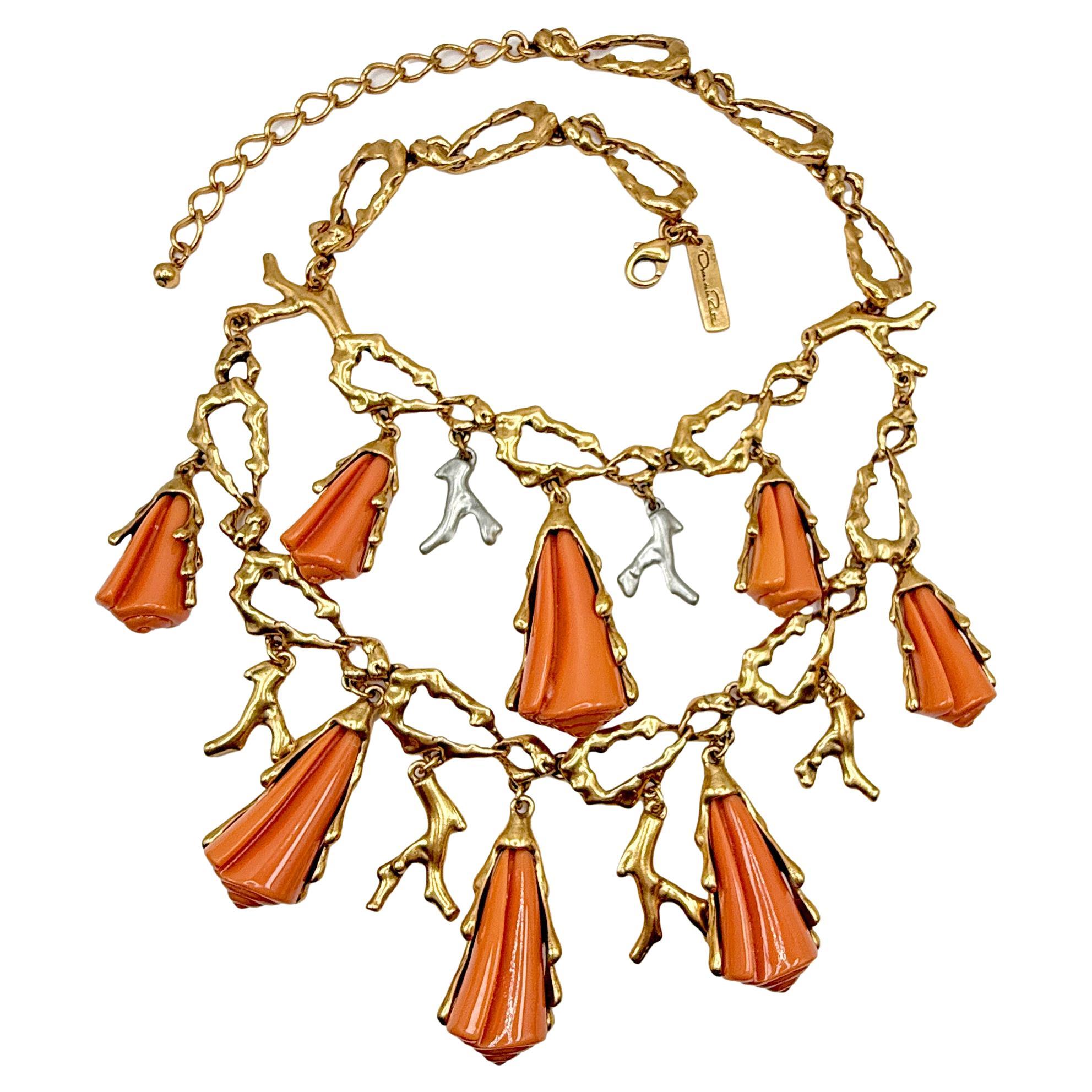 Oscar de la Renta Gold-Plated Shell Bib Necklace with Coral Enamel Resin Charms